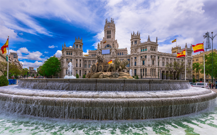 Plaza de Cibeles, Madrid, fuente, banderas de espa&#241;a, la Plaza de Cibeles, Espa&#241;a