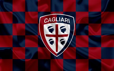 Cagliari FC, 4k, logotipo, arte creativo, borgo&#241;a azul de la bandera a cuadros, italiano, club de f&#250;tbol, el emblema, de seda, de textura, de la Serie a, Cagliari, Italia, Cagliari Calcio