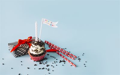 Doğum günün kutlu olsun, çikolatalı kek, tatlılar, hamur işleri, bir mum ile cupcake