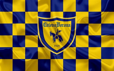 AC ChievoVerona, 4k, logo, arte criativa, amarelo azul bandeira quadriculada, Italiano de futebol do clube, emblema, textura de seda, Serie A, Verona, It&#225;lia