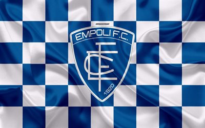 Empoli FC, 4k, logo, creative art, valkoinen sininen ruudullinen lippu, Italian football club, tunnus, silkki tekstuuri, Serie, Empoli, Italia