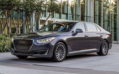 Genesis G90, 2019, luxury gray sedan, front view, exterior, new gray G90, korean cars, Genesis