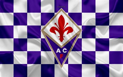 acf fiorentina, 4k, logo, kreative kunst -, violett-wei&#223; karierten flagge, italienische fu&#223;ball-club, emblem, seide textur, serie a, florenz, italien