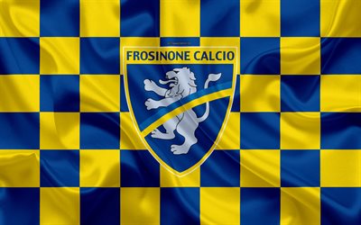 Frosinone FC, 4k, logo, arte criativa, amarelo azul bandeira quadriculada, Italiano de futebol do clube, emblema, textura de seda, Serie A, Frosinone, It&#225;lia, Frosinone Calcio