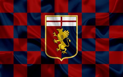 Genoa CFC, 4k, شعار, الفنون الإبداعية, الأحمر الأزرق العلم متقلب, الإيطالي لكرة القدم, نسيج الحرير, دوري الدرجة الاولى الايطالي, جنوى, إيطاليا