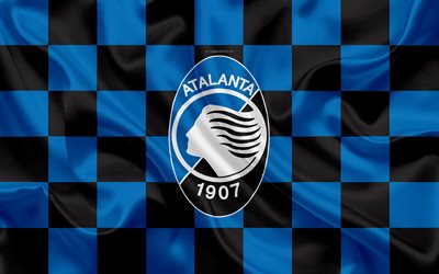 Atalanta BC, 4k, logo, art cr&#233;atif, de noir et de bleu drapeau &#224; damier, italien, club de football, l&#39;embl&#232;me, la texture de la soie, de la Serie A, Bergame, Italie