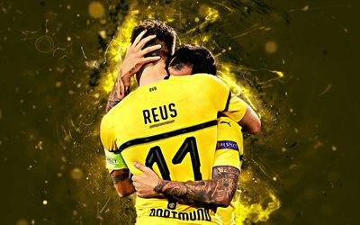 Paco Alc&#225;cer, Marco Reus, meta, O Borussia Dortmund FC, futebol, Alcacer, Reus, BVB, Bundesliga, luzes de neon