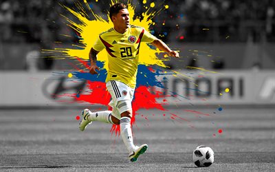 Juan Quintero, 4k, Colombia national football team, art, splashes of paint, grunge art, Colombian footballer, forward, creative art, Colombia, football, Juan Fernando Quintero Paniagua