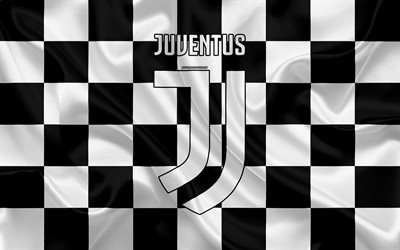 A Juventus FC, 4k, logo, arte criativa, preto e branco bandeira quadriculada, Italiano de futebol do clube, emblema, textura de seda, Serie A, Turim, It&#225;lia