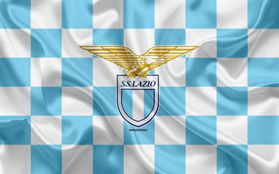Lazio SS, 4k, logo, yaratıcı sanat, mavi beyaz damalı bayrak, İtalyan Futbol Kul&#252;b&#252; amblemi, ipek doku, Roma, İtalya, Lazio Serie A FC