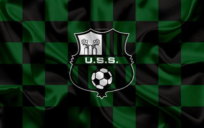 US Sassuolo Calcio, 4k, logo, art cr&#233;atif, vert, noir drapeau &#224; damier, italien, club de football, l&#39;embl&#232;me, la texture de la soie, de la Serie A, Sassuolo, Italie, Sassuolo FC