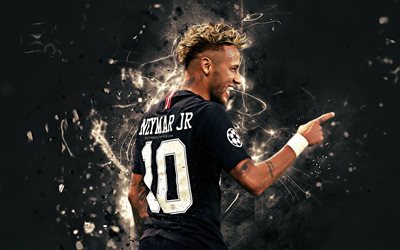 Neymar JR, joy, brazilian footballers, PSG FC, Ligue 1, black uniform, Paris Saint-Germain, Neymar, football stars, neon lights, soccer