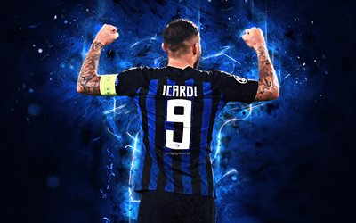 Icardi, back view, goal, Internazionale, argentine footballers, Serie A, Mauro Icardi, football, fan art, soccer, Italy, neon lights, Inter Milan FC