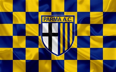Parme FC, 4k, logo, art cr&#233;atif, jaune-bleu drapeau &#224; damier, italien, club de football, l&#39;embl&#232;me, la texture de la soie, Parma Calcio 1913, Serie A, Parme, Italie