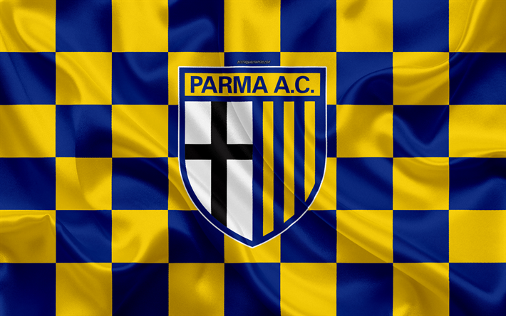 parma fc -, 4k -, logo -, kreativ-art, gelb-blau-karierte flagge, italienische fu&#223;ball-club, emblem, seide textur, parma calcio 1913, serie a, parma, italien
