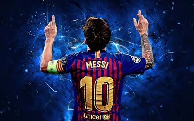 Messi, back view, argentinian footballers, joy, Barcelona FC, La Liga, Lionel Messi, Barca, football stars, Leo Messi, neon lights, soccer, LaLiga