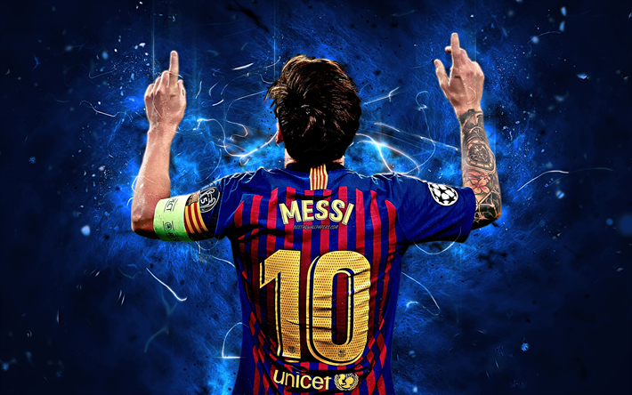Messi, arkadan g&#246;r&#252;n&#252;m, Arjantinli futbolcular, sevin&#231;, FC Barcelona, UEFA Şampiyonlar Ligi, Lionel Messi, Barca, futbol yıldızları, Leo Messi, neon ışıkları, futbol, LaLiga