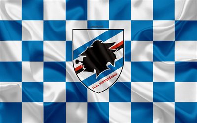 L&#39;UC Sampdoria, 4k, logo, creativo, arte, bianco-blu bandiera a scacchi, il calcio italiano di club, emblema, seta, texture, Genova, Parma, Italia