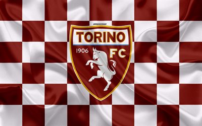 Torino FC, 4k, logo, creative art, brown white checkered flag, Italian football club, emblem, silk texture, Turin, Italy