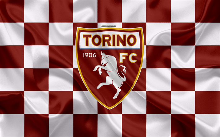 O Torino FC, 4k, logo, arte criativa, marrom branco bandeira quadriculada, Italiano de futebol do clube, emblema, textura de seda, Turim, It&#225;lia