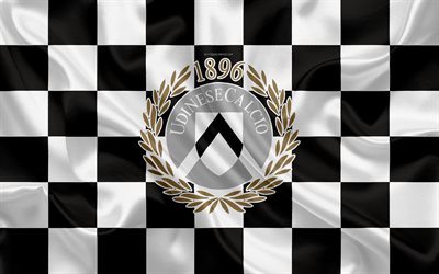 Udinese Calcio, 4k, logo, creative art, brownish white checkered flag, Italian football club, emblem, silk texture, Udine, Italy