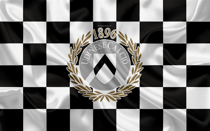 Udinese Calcio, 4k, logo, creative art, ruskehtava valkoinen ruudullinen lippu, Italian football club, tunnus, silkki tekstuuri, Udine, Italia