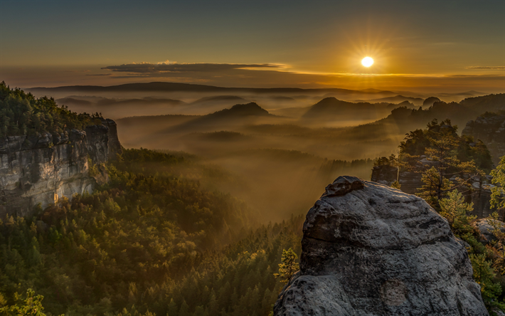 Saxon Switzerland National Park, mountain landscape, morning, fog, sunrise, Alps, Germany, Saxony