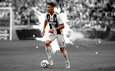 Cristiano Ronaldo, 4k, art, striker, Juventus FC, Portuguese football player, football star, black and white splashes of paint, grunge art, creative art, Serie A, Italy, football