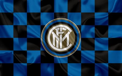 FC Internazionale, Inter Milan FC, 4k, logo, creative art, blue black checkered flag, Italian football club, emblem, silk texture, Milan, Italy