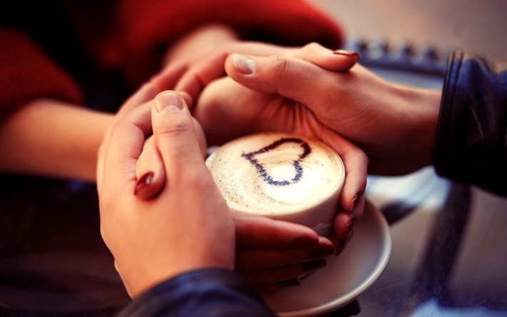 love, heart, latte art, hands, couple