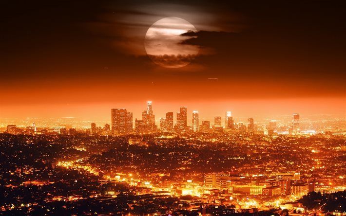 Los Angeles, noite, lua, luzes, Am&#233;rica, EUA