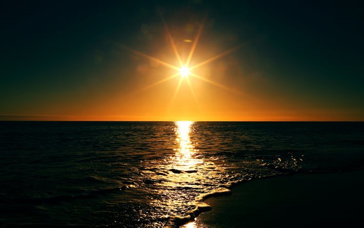 sunset, havet, Kusten, v&#229;gor, solen