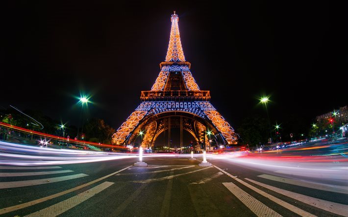 Paris, gece, Eyfel Kulesi, yol, trafik ışıkları, Fransa