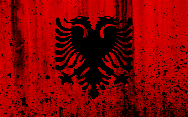 Albanian flag, 4k, grunge, flag of Albania, Europe, Albania, national symbolism, coat of arms of Albania, Albanian coat of arms