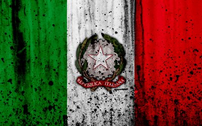Italian flag, 4k, grunge, flag of Italy, Europe, Italy, national symbolism, coat of arms of Italy, Italian coat of arms
