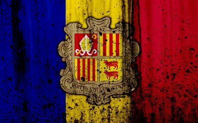 Andorran flag, 4к, grunge, flag of Andorra, Europe, national symbols, Andorra, coat of arms Andorra, Andorrian coat of arms