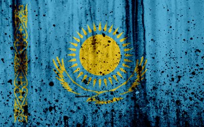 Kazakhstan flag, 4k, grunge, flag of Kazakhstan, Europe, Kazakhstan, national symbolism, coat of arms of Kazakhstan, Kazakhstan coat of arms