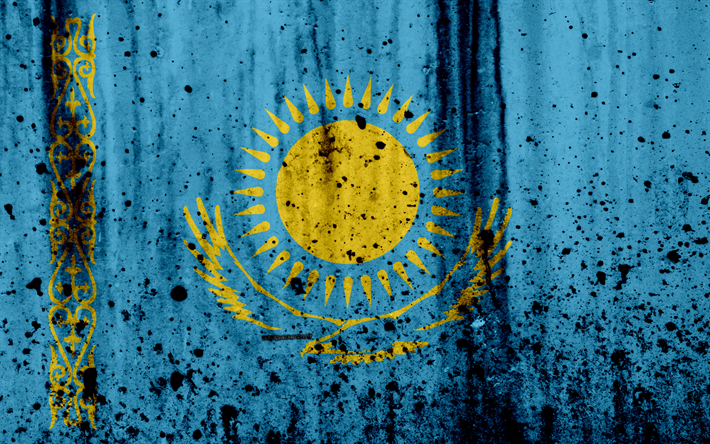 Kazakstan flagga, 4k, grunge, flaggan i Kazakstan, Europa, Kazakstan, nationell symbolik, vapen Kazakstan, Kazakstan vapen