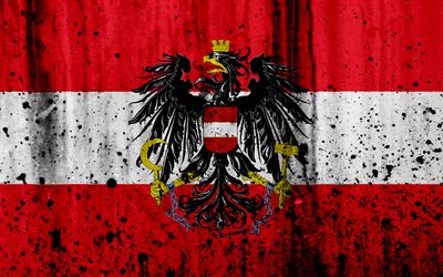 Austrian flag, 4k, grunge, flag of Austria, Europe, national symbols, Austria, coat of arms of Austria, Austrian National Emblem