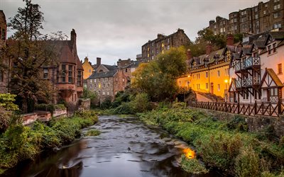 Dean Village, Skottland, Edinburgh, Water of Leith Byn, kv&#228;ll, river, STORBRITANNIEN