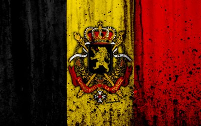 Belgian flag, 4k, grunge, flag of Belgium, Europe, national symbols, Belgium, coat of arms of Belgium