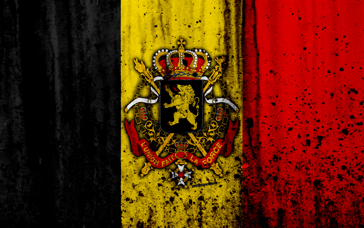 العلم البلجيكي, 4k, الجرونج, العلم من بلجيكا, أوروبا, الرموز الوطنية, بلجيكا, معطف من الأسلحة من بلجيكا