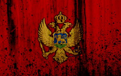 Montenegros flagg, 4k, grunge, flaggan i Montenegro, Europa, nationella symboler, Montenegro, vapen i Montenegro