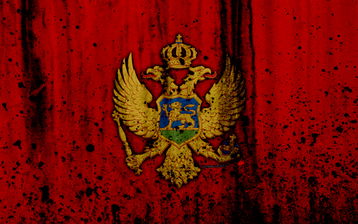 Montenegro bandera, 4k, el grunge, la bandera de Montenegro, Europa, los s&#237;mbolos nacionales, Montenegro, escudo de armas de Montenegro