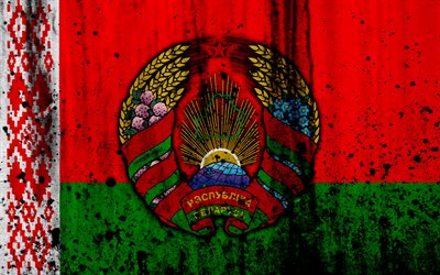 Belarusian flag, 4k, grunge, flag of Belarus, Europe, Belarus, national symbolism, coat of arms of Belarus, Belarusian coat of arms