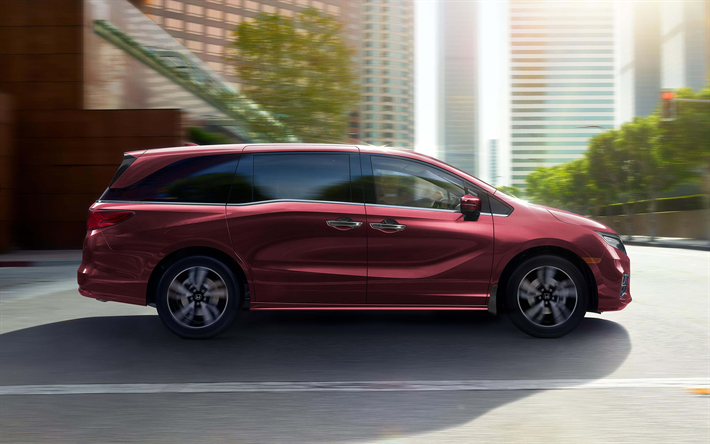 Honda Odyssey, 2018, rouge, minivan, nouvelle Odyss&#233;e, &#224; l&#39;ext&#233;rieur, de nouvelles voitures, vue de c&#244;t&#233;, les Japonais, les mini-fourgonnettes, Honda, 4k