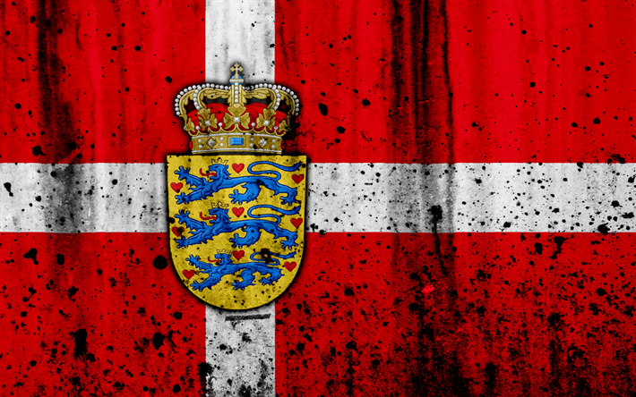 Danska flaggan, 4k, grunge, flagga av Danmark, Europa, Danmark, nationell symbolik, vapen av Danmark, Danska riksvapnet