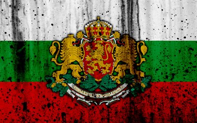 Bulgarian flag, 4k, grunge, flag of Bulgaria, Europe, Bulgaria, national symbolism, coat of arms of Bulgaria, Bulgarian coat of arms