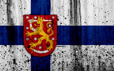 Finnish flag, 4k, grunge, flag of Finland, Europe, national symbols, Finland, coat of arms of Finland, Finnish coat of arms