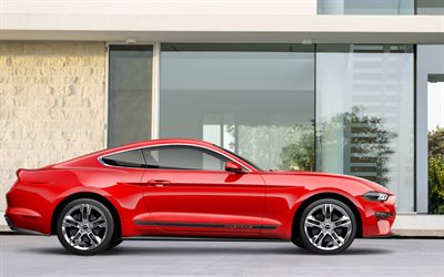 Ford Mustang, 2018, 4k, side view, red sports coupe, exterior, new cars, red Mustang, American cars, Ford